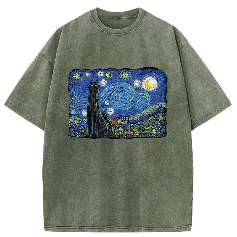 Tokyo-Tiger Cat Under The Starry Night Washed T-Shirt