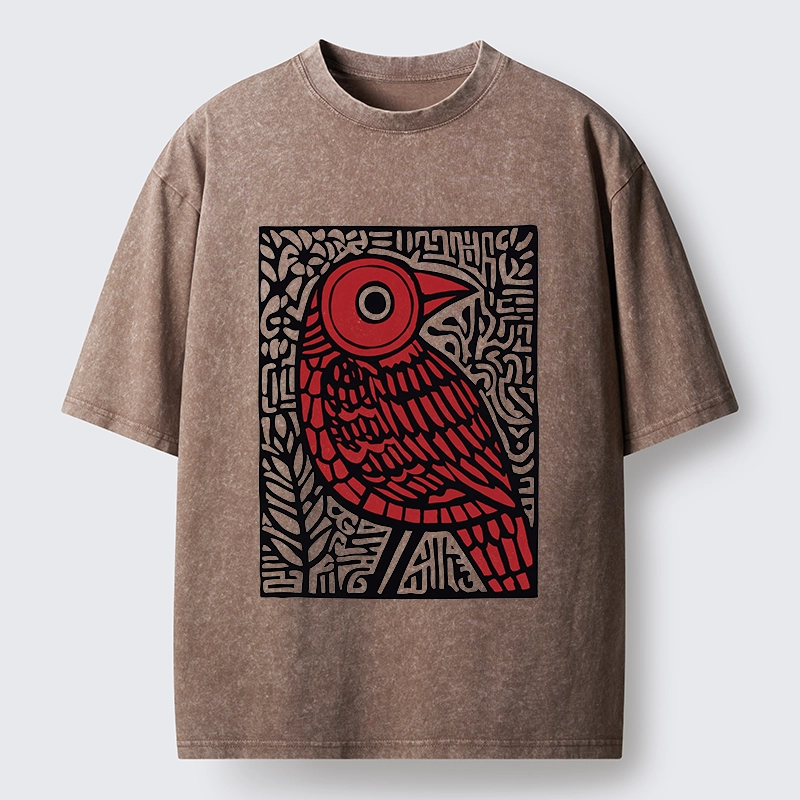 Tokyo-Tiger Retro Woodblock Bird Washed T-Shirt