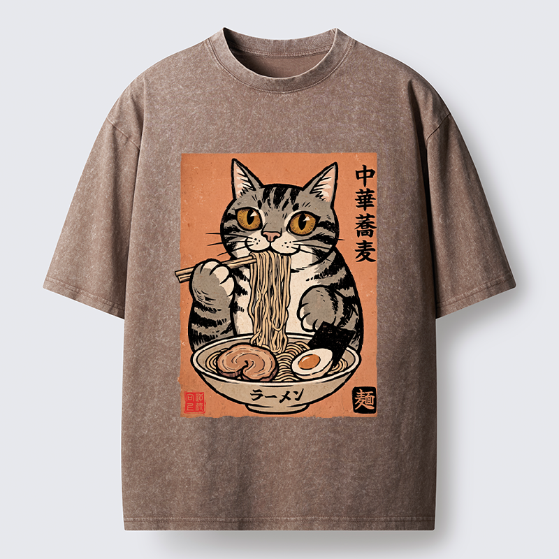 Tokyo‑Tiger Tanuki Eating Ramen Washed T-Shirt
