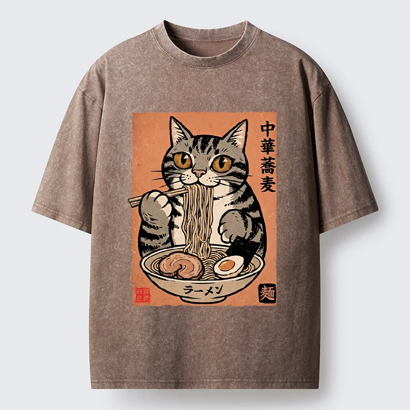 Tokyo‑Tiger Tanuki Eating Ramen Washed T-Shirt