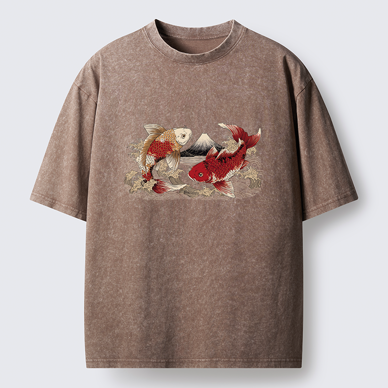 Tokyo‑Tiger Koi And Mount Fuji Washed T-Shirt