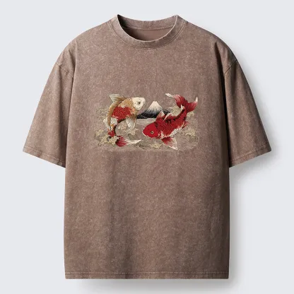 Tokyo‑Tiger Koi And Mount Fuji Washed T-Shirt