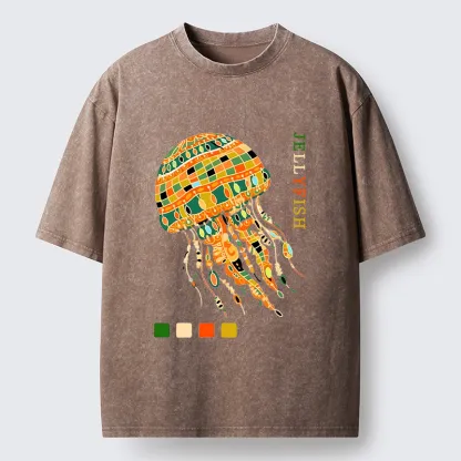 Tokyo‑Tiger Jellyfish Painting Art Washed T-Shirt