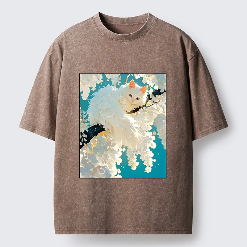 Tokyo‑Tiger Beautiful White Cat Art Washed T-Shirt