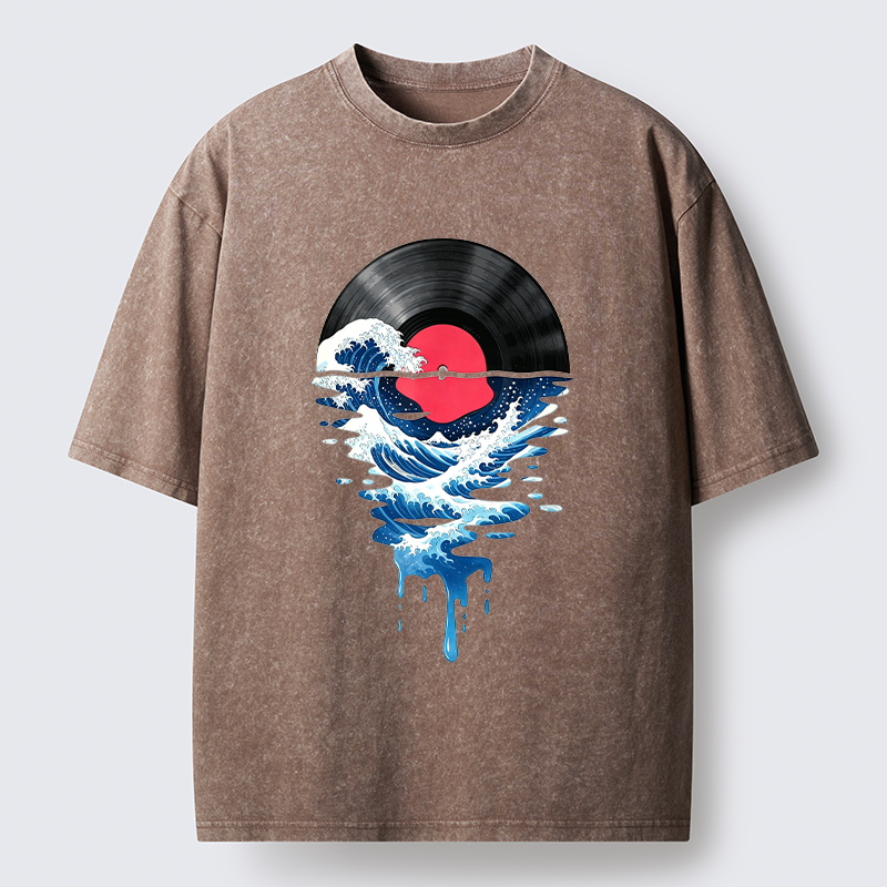 Tokyo‑Tiger Vinyl Records And Waves Washed T-Shirt