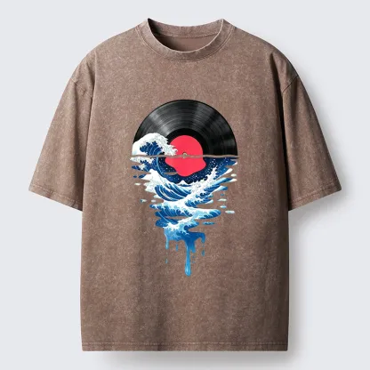 Tokyo‑Tiger Vinyl Records And Waves Washed T-Shirt