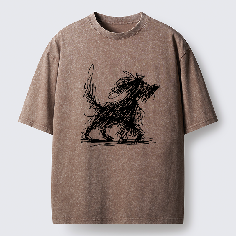 Tokyo‑Tiger Dog Line Drawing Washed T-Shirt