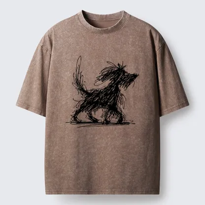 Tokyo‑Tiger Dog Line Drawing Washed T-Shirt