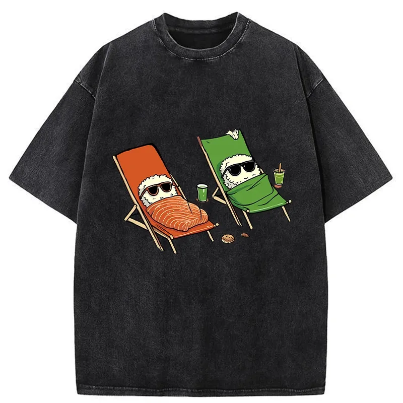 Tokyo-Tiger Funny Sushi Sunbathing Washed T-Shirt