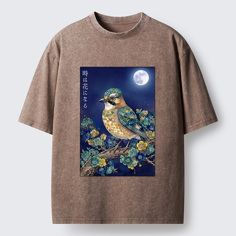 Tokyo-Tiger Moon Bird Floral Retro Art Washed T-Shirt