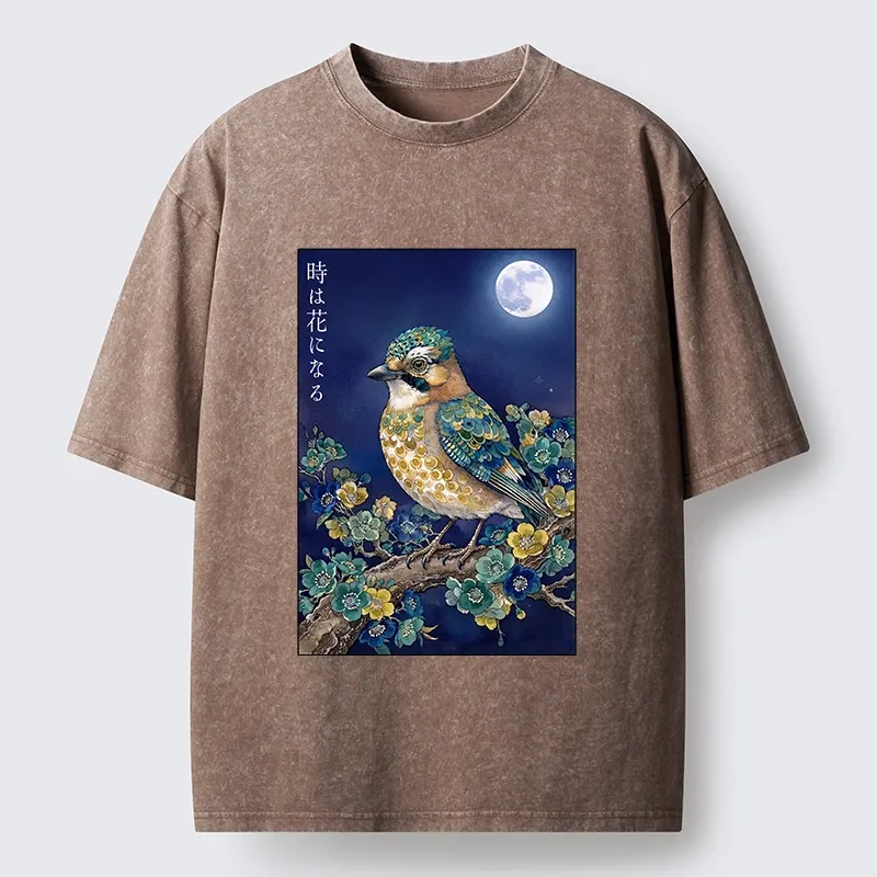 Tokyo-Tiger Moon Bird Floral Retro Art Washed T-Shirt