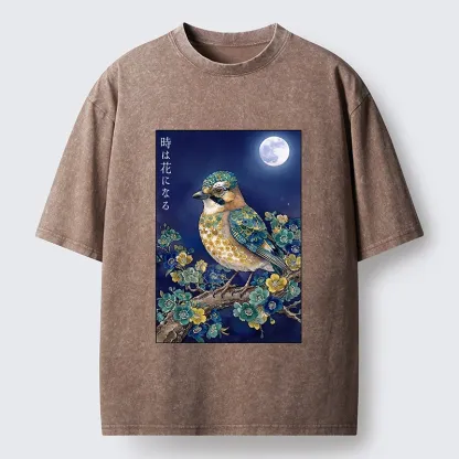 Tokyo-Tiger Moon Bird Floral Retro Art Washed T-Shirt
