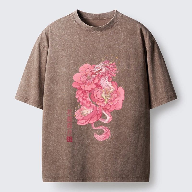 Tokyo-Tiger Pink Flower Dragon Washed T-Shirt