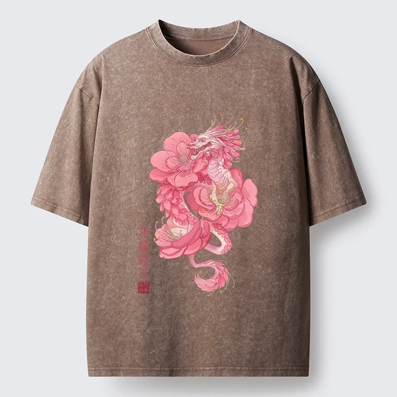 Tokyo-Tiger Pink Flower Dragon Washed T-Shirt
