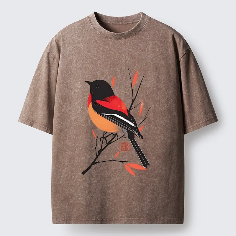 Tokyo‑Tiger Oriental Bird Graphic Washed T‑Shirt
