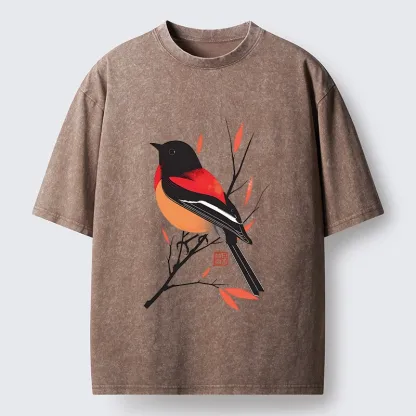Tokyo‑Tiger Oriental Bird Graphic Washed T‑Shirt