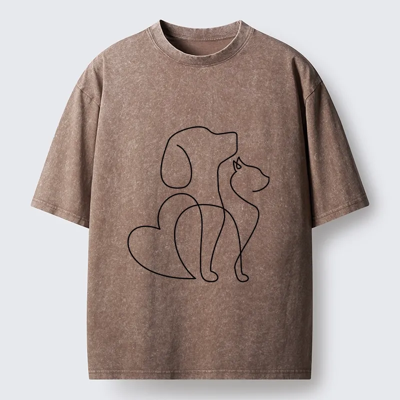 Tokyo-Tiger Cat Dog Love Line Art Washed T-Shirt