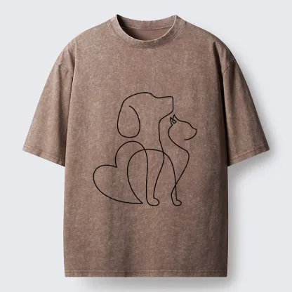 Tokyo-Tiger Cat Dog Love Line Art Washed T-Shirt