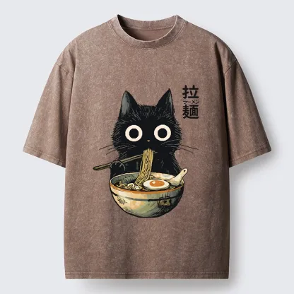 Tokyo-Tiger Funny Cat Ramen Feast Washed T-Shirt