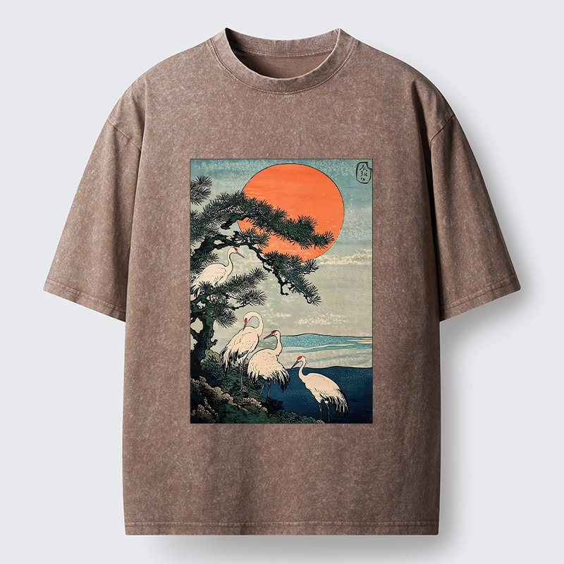 Tokyo‑Tiger Pine Crane Sunrise Washed T‑Shirt