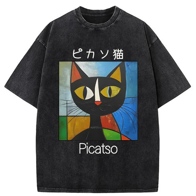 Tokyo-Tiger Funny Picasso Cat Washed T-Shirt