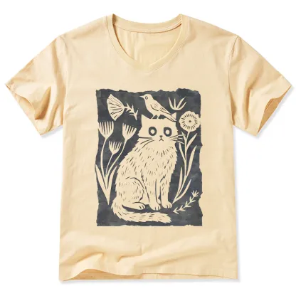 Tokyo-Tiger Folk Paper Cut Cat Bird Floral Art V-Neck Classic T-Shirt