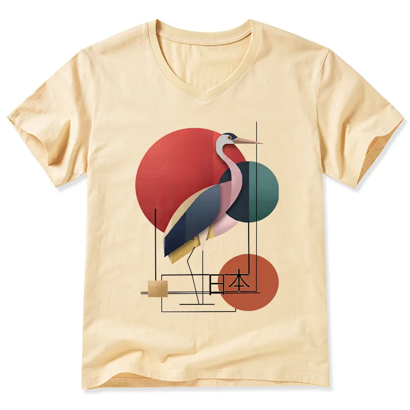 Tokyo-Tiger Geometric Crane Art V-Neck Classic T-Shirt