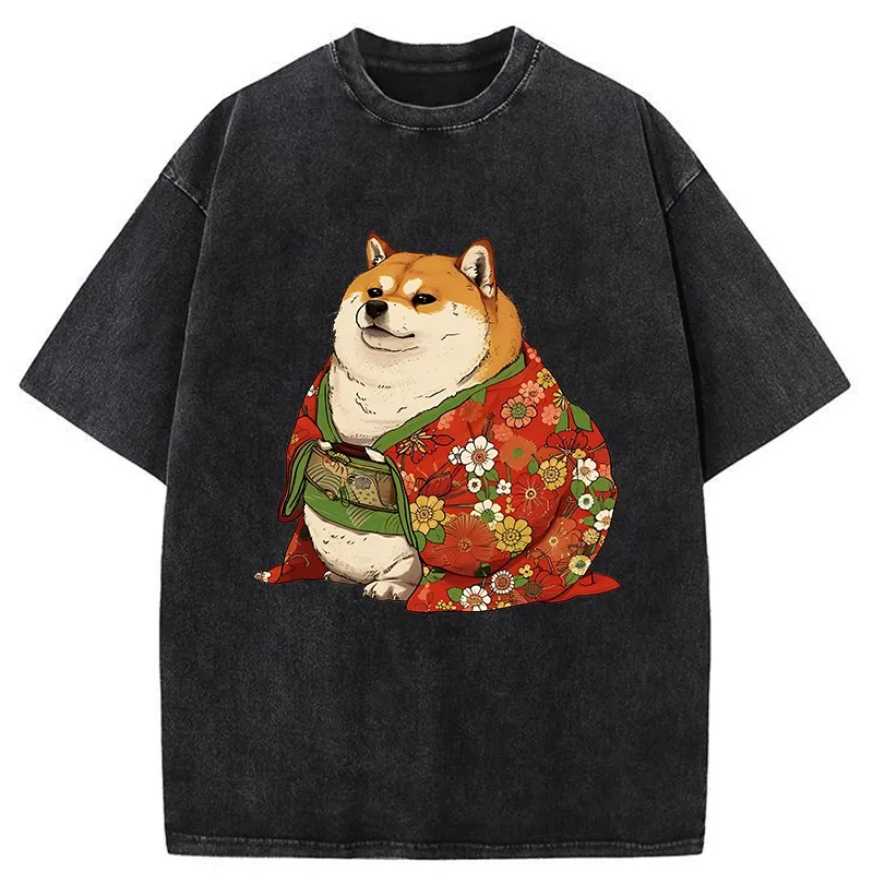 Tokyo-Tiger Shiba Inu Wearing Kimono Washed T-Shirt