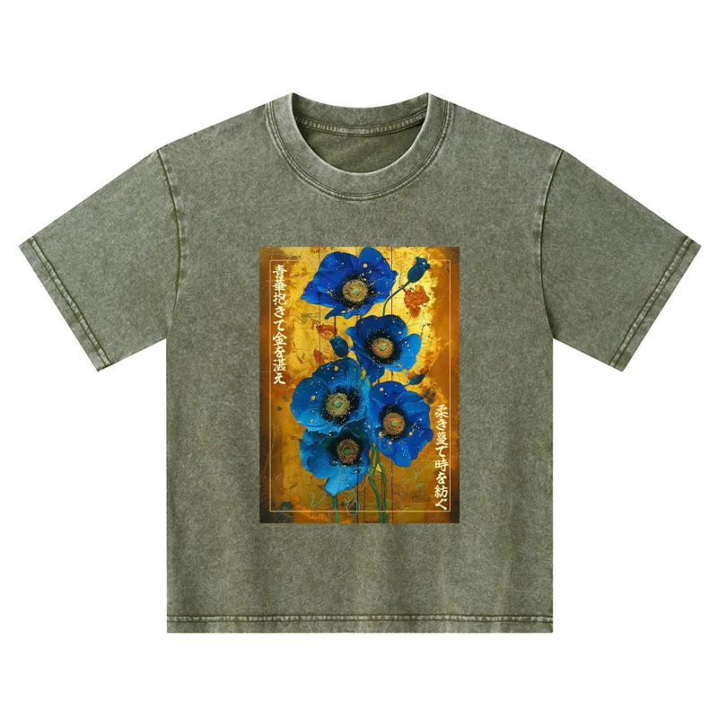 Tokyo-Tiger Shiny Blue Flower Warm Golden Background Kids Washed T-Shirt