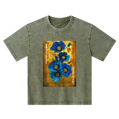 Tokyo-Tiger Shiny Blue Flower Warm Golden Background Kids Washed T-Shirt