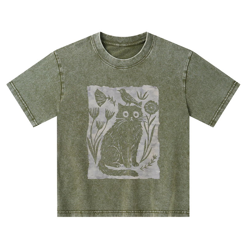 Tokyo-Tiger Folk Paper Cut Cat Bird Floral Art Kids Washed T-Shirt