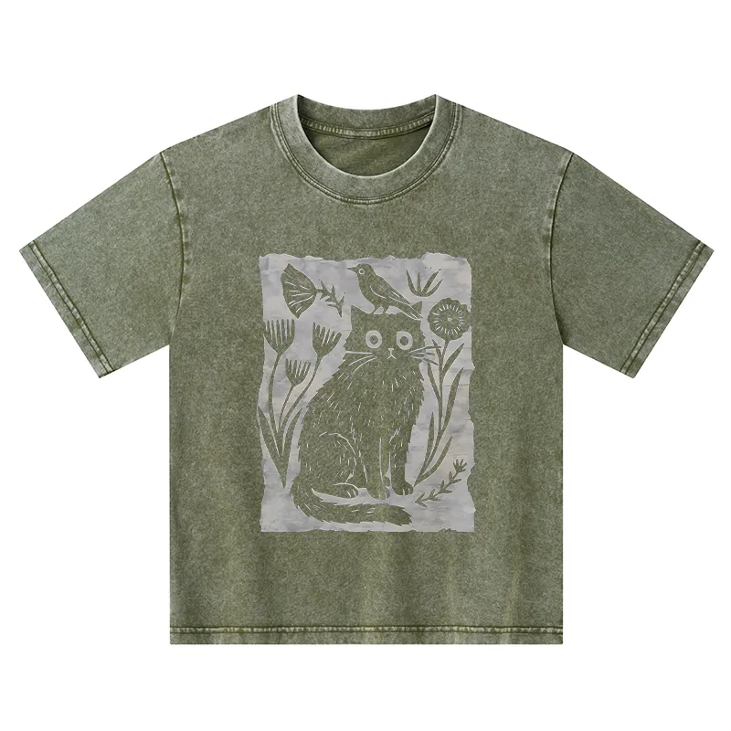 Tokyo-Tiger Folk Paper Cut Cat Bird Floral Art Kids Washed T-Shirt