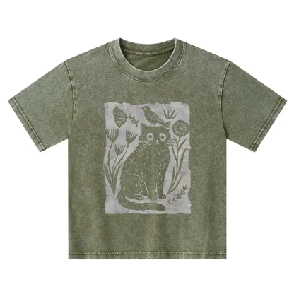 Tokyo-Tiger Folk Paper Cut Cat Bird Floral Art Kids Washed T-Shirt