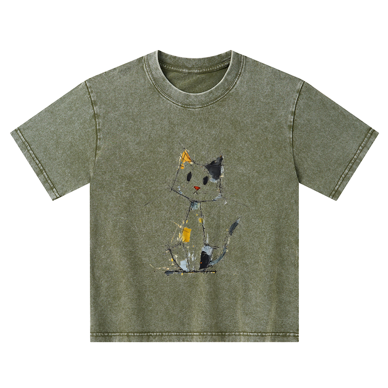 Tokyo-Tiger Minimal Splash Ink Cute Cat Kids Washed T-Shirt