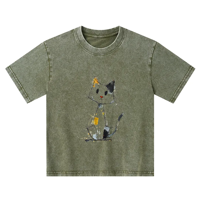 Tokyo-Tiger Minimal Splash Ink Cute Cat Kids Washed T-Shirt