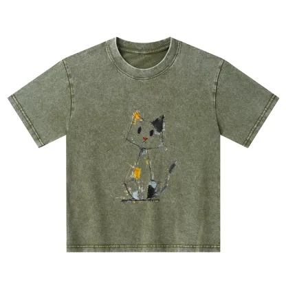 Tokyo-Tiger Minimal Splash Ink Cute Cat Kids Washed T-Shirt