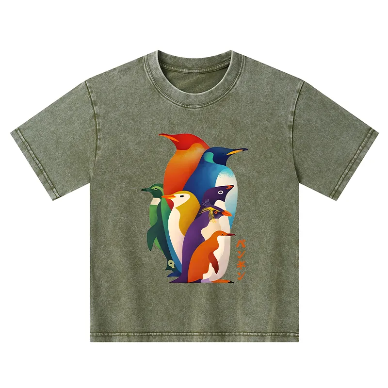 Tokyo-Tiger Cute Multi Tone Penguins Kids Washed T-Shirt