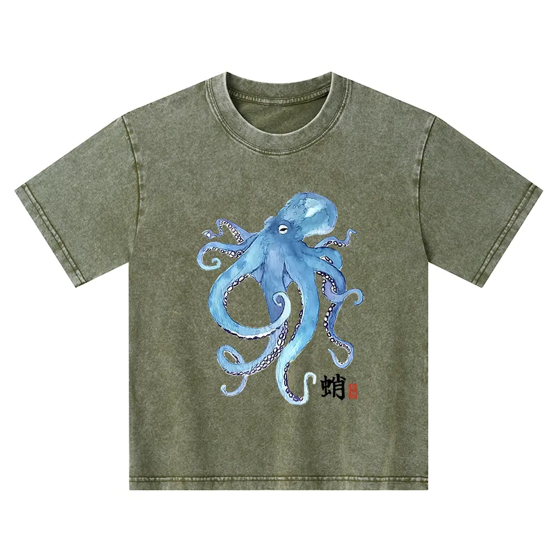 Tokyo-Tiger Watercolor Blue Octopus Kids Washed T-Shirt