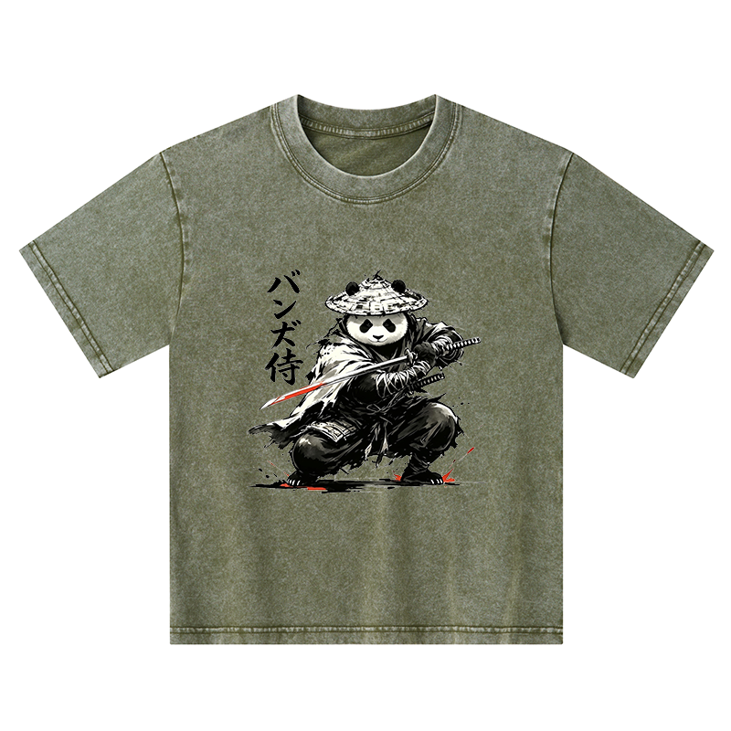 Tokyo-Tiger Panda Samurai Warrior Kids Washed T-Shirt