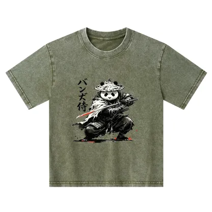 Tokyo-Tiger Panda Samurai Warrior Kids Washed T-Shirt