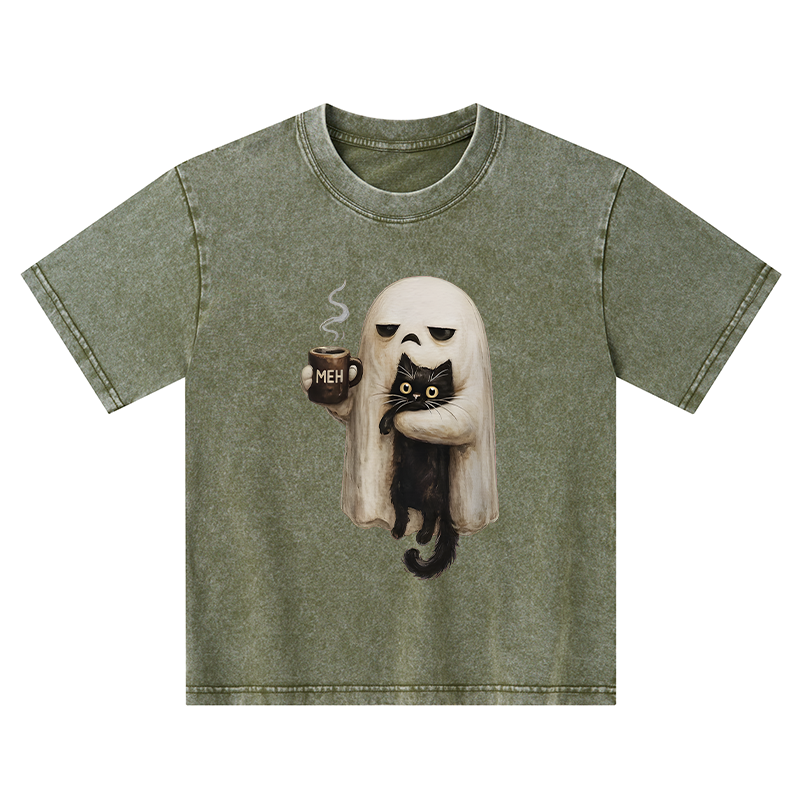 Tokyo-Tiger Ghost Cat Coffee Mood Kids Washed T-Shirt