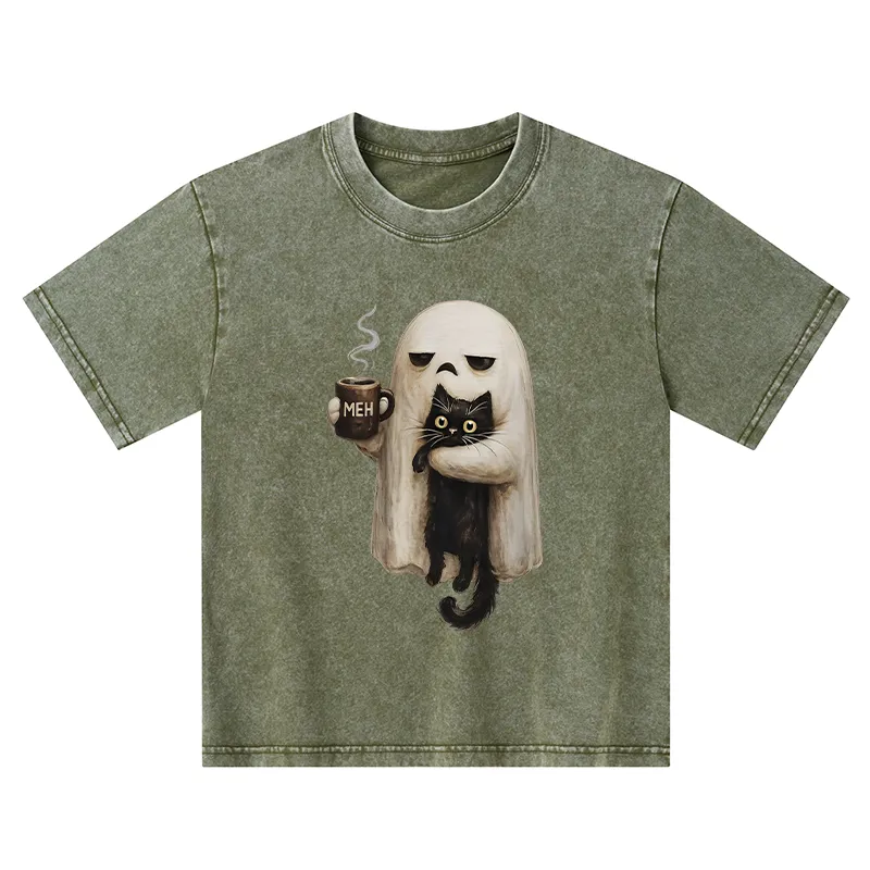 Tokyo-Tiger Ghost Cat Coffee Mood Kids Washed T-Shirt
