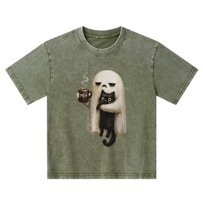 Tokyo-Tiger Ghost Cat Coffee Mood Kids Washed T-Shirt