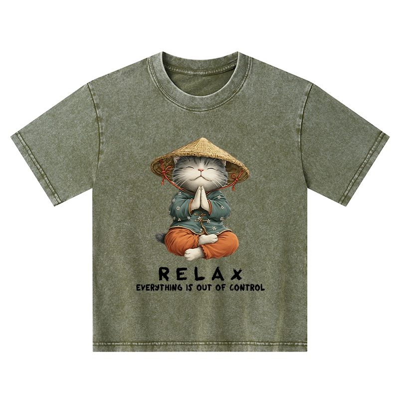 Tokyo-Tiger Zen Relax Cat Graphic Kids Washed T-Shirt