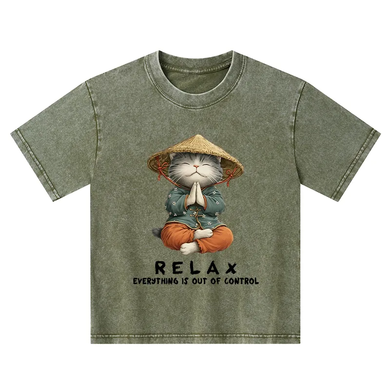 Tokyo-Tiger Zen Relax Cat Graphic Kids Washed T-Shirt