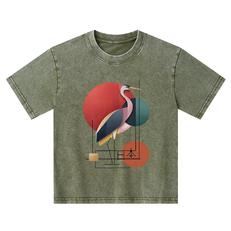 Tokyo-Tiger Geometric Crane Art Kids Washed T-Shirt