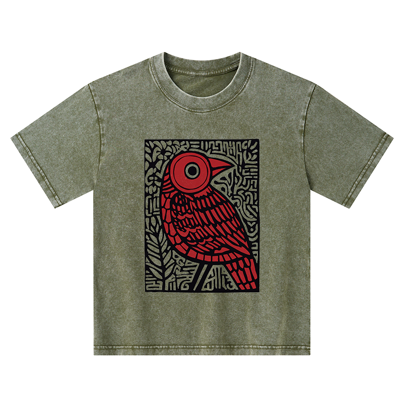 Tokyo-Tiger Retro Woodblock Bird Kids Washed T-Shirt