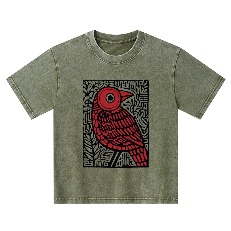 Tokyo-Tiger Retro Woodblock Bird Kids Washed T-Shirt