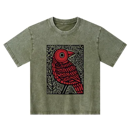 Tokyo-Tiger Retro Woodblock Bird Kids Washed T-Shirt