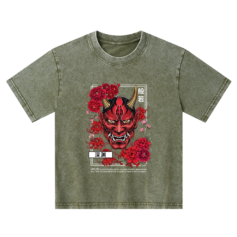 Tokyo-Tiger Cool Oni Floral Art Kids Washed T-Shirt